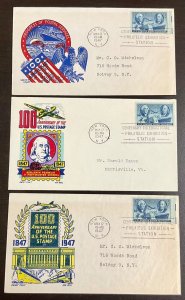 947 Cachetcraft Lot of 3 Postage Stamp Centenary FDCs 1947