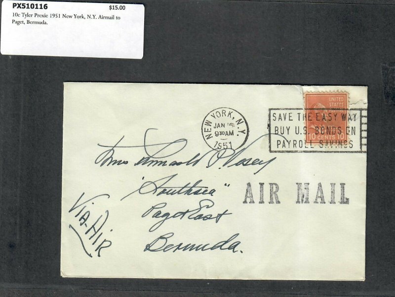 1951 Prexie Cover 10c Tyler New York NY Airmail