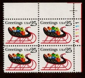 1989 Christmas Sleigh Plate Block Of 4 25c Postage Stamps, Sc #2428, MNH, OG