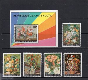 UPPER VOLTA 1974 PAINTINGS/FLOWERS SET OF 5 STAMPS & S/S MNH 