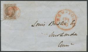 #1 ON FOLDED LETTER 4/26/1850 W/ ORANGE RED NEW YORK CANCEL CV $750 HV9023