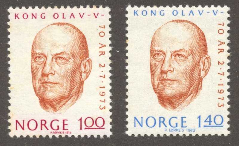 Norway Scott 619-20 MNHOG - 1973 70th Birthday of King Olav V - SCV $2.50