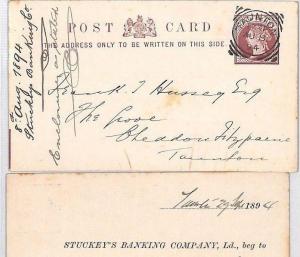 GB SQUARED CIRCLES Superb*Taunton* Bank STO Postal Stationery Cards{2} 1894 CB71