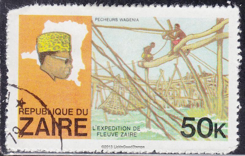 Zaire 909 USED 1979 Pres. Mobotu, Map of Zaire, Fishermen