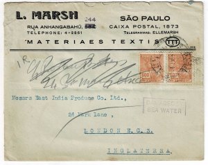 Brazil 1940's Sao Paulo cancel on cover to England, boxed DAMAGED BY SEA WATER