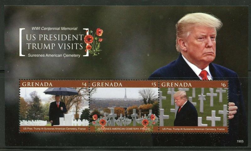 GRENADA  2019 WW I CENTENNIAL MEMORIAL TRUMP VISITS AMERICAN CEMET SHT MINT NH