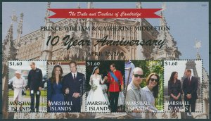 Marshall Isl 2021 MNH Royalty Stamps Prince William & Kate Wedding Anniv 5v M/S