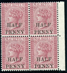 Mauritius 1876 QV ½d on 10d maroon block of four superb MNH. SG 77. Sc 46.