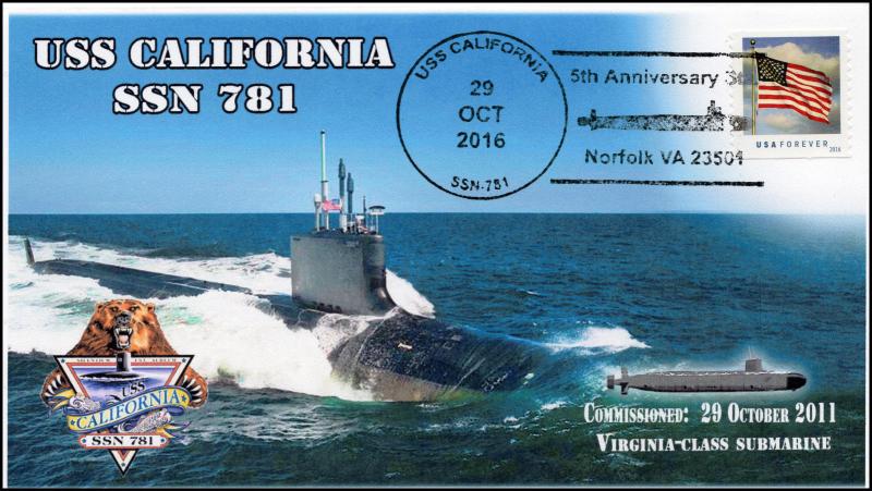 16-405, 2016, USS California, 5 year Anniversary, SSN-781, Pictorial Cancel