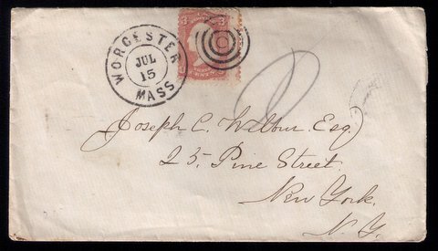 U.S.Scott #65 1861 Cover Worcester Mass. to New York, N.Y. Misperf R Fine