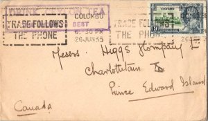 Ceylon 9c KGV Jubilee 1935 Colombo to Charlottetown, P.E.I. Canada.  Boxed Ad...