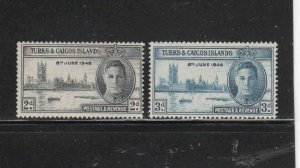 TURKS & CAICOS ISLANDS #90-91  1946  PEACE ISSUE    MINT VF LH O.G  b