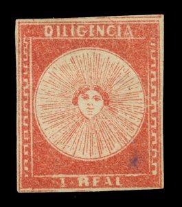 URUGUAY 1856  DILIGENCIAS  1r carmine vermilion  Scott # 3  mint MH VF