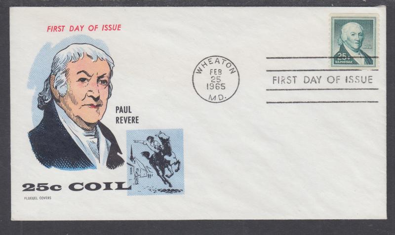 US Sc 1059a FDC. 1965 25c Paul Revere Coil, Fluegel Color Cachet, VF