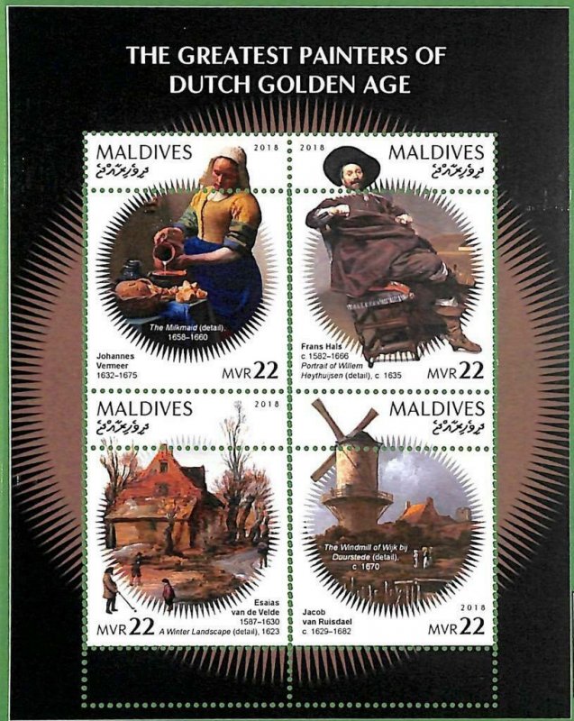 A2127 -MALDIVES, ERROR: MISPERF, MINIATURE S -2018 Dutch Painters, Art, Windmill