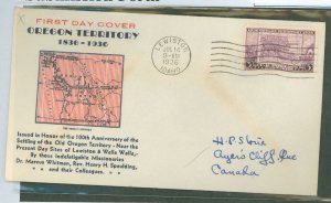 US 783 1936 3c Oregon Territory (single) on an addressed FDC with a Lewiston, ID cancel with a Clifford cachet