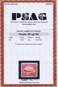 SCOTTS# C6 UNUSED OG NH 24c DEHAVILAND BIPLANE, 1923, GRADE 95, PSAG CERT.  