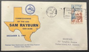 USS SAM RAYBURN SSBN-635 COMMISSIONING DEC 2 1964 NEWPORT NEWS VA NAVAL CACHET