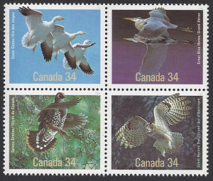 Canada #1098a MNH block of four, birds, issued 1986