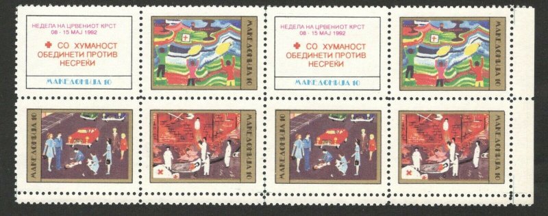 MACEDONIA-MNH** PAIR BLOCKS OF 4 STAMPS, 10 - RED CROSS -DOUBLE PER- 1992. (113)