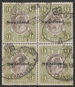 SWAZILAND 1904 'Swaziland' on KEVII Transvaal Revenue £1 block. Unique multiple.