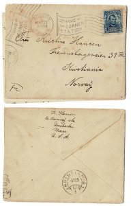 USA #304 cover Boston to Norway 1905 w letter