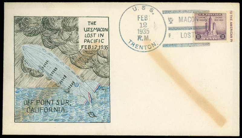 2/12/35 USS MACON Cover, HAND PAINTED Cachet, MACON LOST IN PACIFIC, USS TRENTON