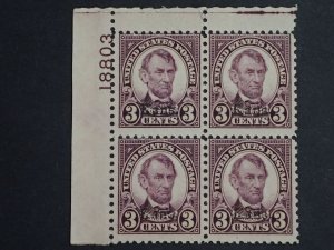 US SC# 672, Mint MLH Lincoln Kans. 3¢ Plate Block of 4 Stamps CV $260