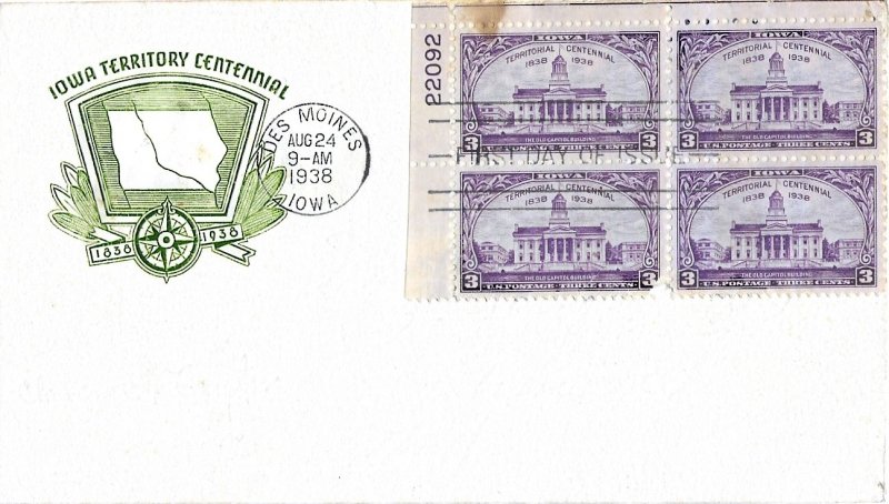 #838, 3c Iowa Territory 100th, Farnam, plate block of 4