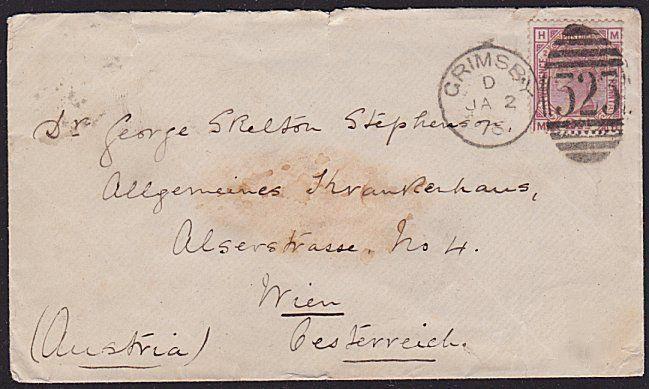 GB 1875 2½d plate 2 on cover GRIMSBY to Vienna, Austria.....................6405