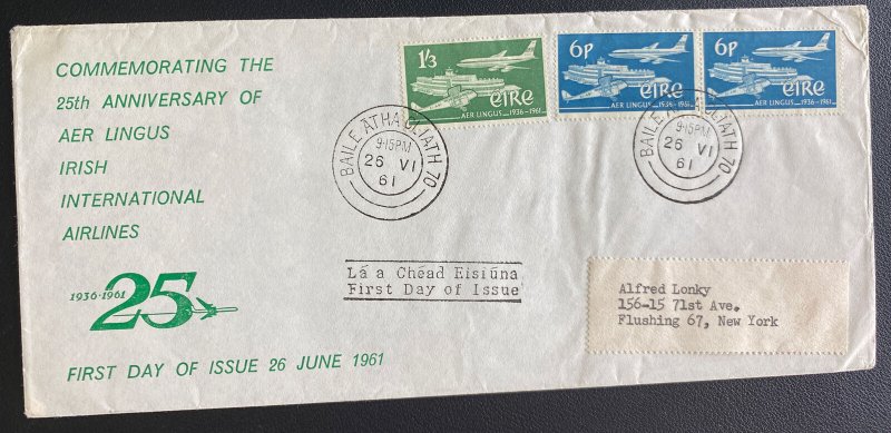 1961 Dublin Ireland First day Cover FDC To Flushing NY USA 25th Anniversary