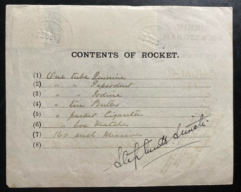 1935 Gangtok India Rocket Experimental Mail Flight Contents Sheet cover