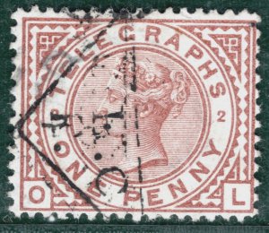 GB QV TELEGRAPHS Stamp SG.T2 1d Plate 2 Used TRIANGULAR Cancel RARE GWHITE83