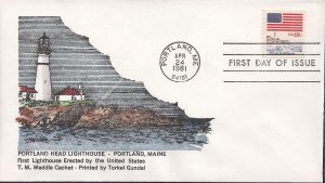 T.M. Weddle Hand Colored FDC for the 1981 18c Flag and Anthem Lighthouse Coil