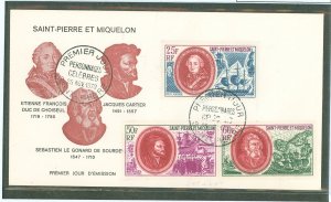 St. Pierre & Miquelon C47-49 1970 Explorers and ships set of 3  on an unaddressed cacheted FDC