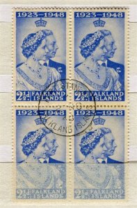 FALKLANDS; 1948 early GVI Silver Wedding issue fine used Postmark BLOCK of 4