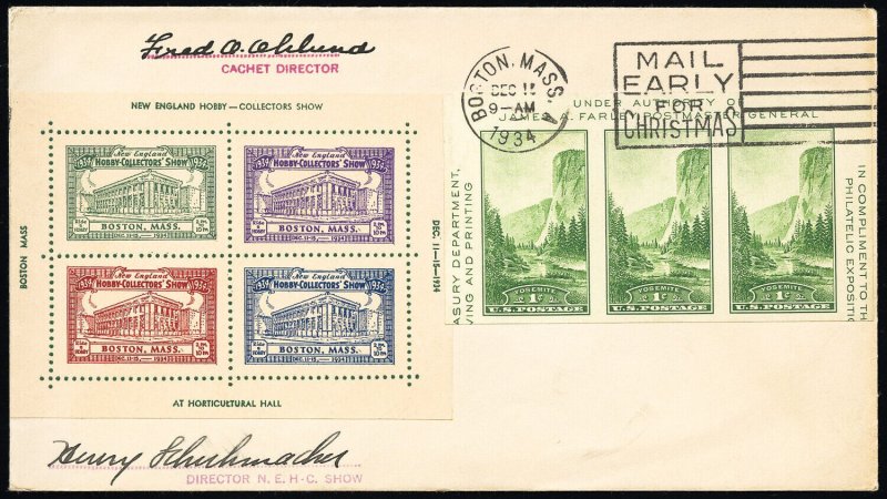 US Stamps VF New England Souvenir Sheet 1935 Signed With #750 Strip Of 3 Cover