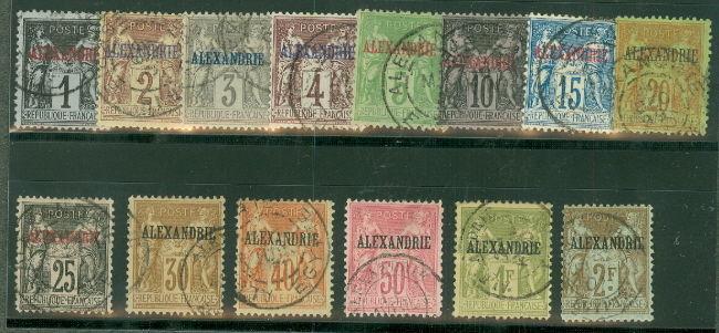 FRANCE OFFICES IN EGYPT #1-14 Complete set except for 5fr high value, used 