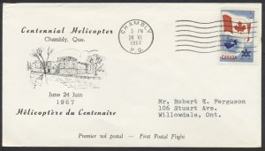 1967 Centennial Helicopter Flight Cover Chambly PQ Old Fort Cachet H-6701y