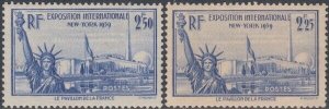 FRANCE Sc #372-3 CPL MNH SET of 2 for NY 1939 WORLD'S FAIR w/STATUE of LIBERTY