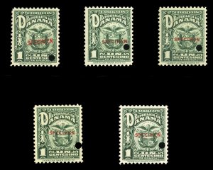 Panama #235, 1924 Arms, 1c dark green, five copies, overprinted Specimen, wit...