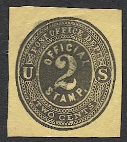 US 1873  Scott UO1 2c on lemon Used PO Dept Official Cut Square VF