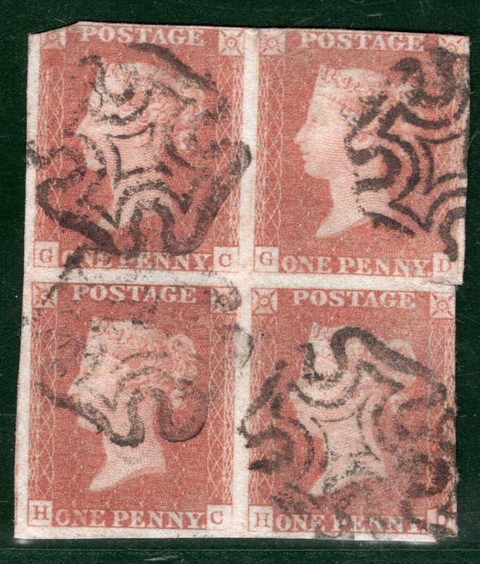 GB QV 1841 Penny Red SG8 1d Plate 21 (GC-HD) BLOCK{4} Used MXs Cat £850- REDS142
