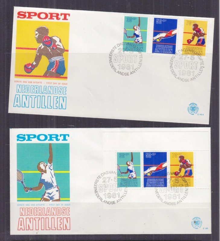 NETHERLANDS ANTILLES, 1981 Sport set 3 & Souvenir Sheet First Day covers 