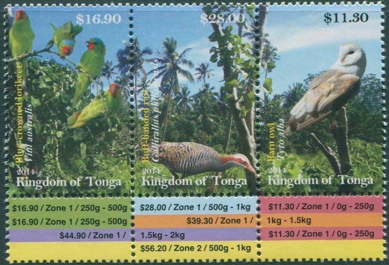 Tonga 2014 SG1756-1758 Birds se-tenant with postage rate labels set MNH
