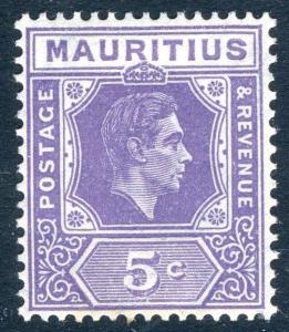 MAURITIUS-1942 5c Slate-Lilac Perf 15 x 14 Sg 255b LIGHTLY MOUNTED MINT V18830