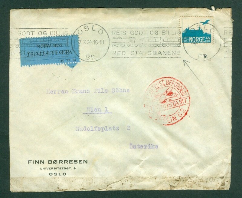 Norway. 1934. Airmail 45 Ore Sc.# C1. With. Railway Slogan Cancel. Adr: Austria