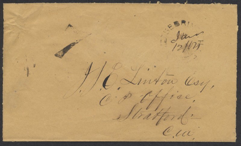 1864 Sebringville (Perth) Ont to Stratford Cover Unpaid 7c Penalty Rate