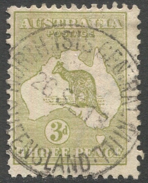 AUSTRALIA 1913 3d Kangaroo, Sc 5 Die I Used F, NORTH ISIS CENTRAL MILL cancel