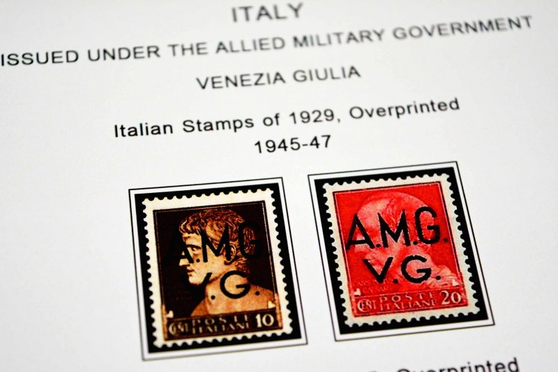 COLOR PRINTED ITALY RSI + AMG 1943-1947 STAMP ALBUM PAGES (18 illustrated pages)